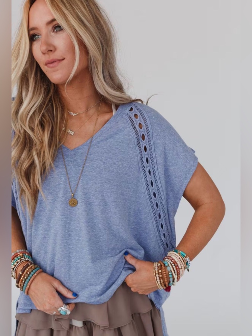 Three Bird Nest Heather Blue V-Neck Crochet Detail Women's Top